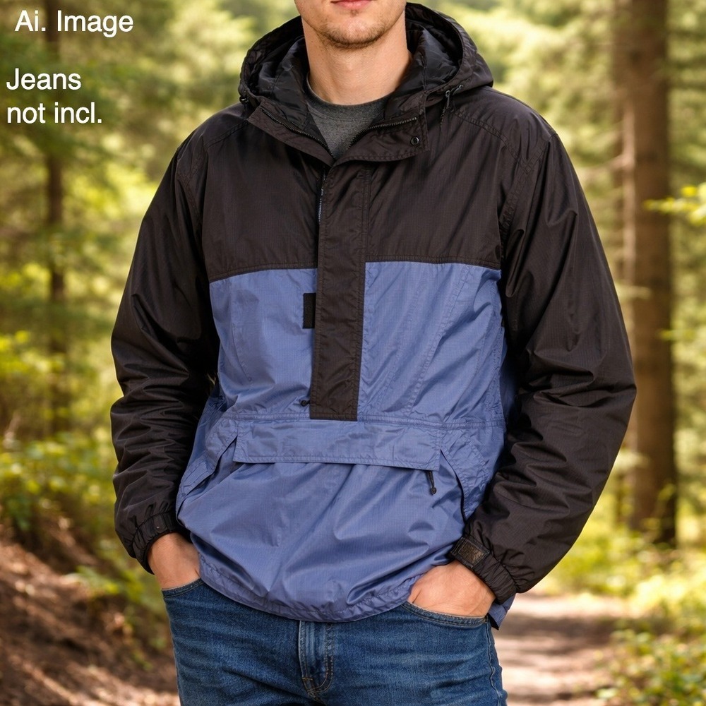 REI Vintage Gore-Tex Anorak Pullover Jacket Mens Small Black Blue Ripstop Hooded